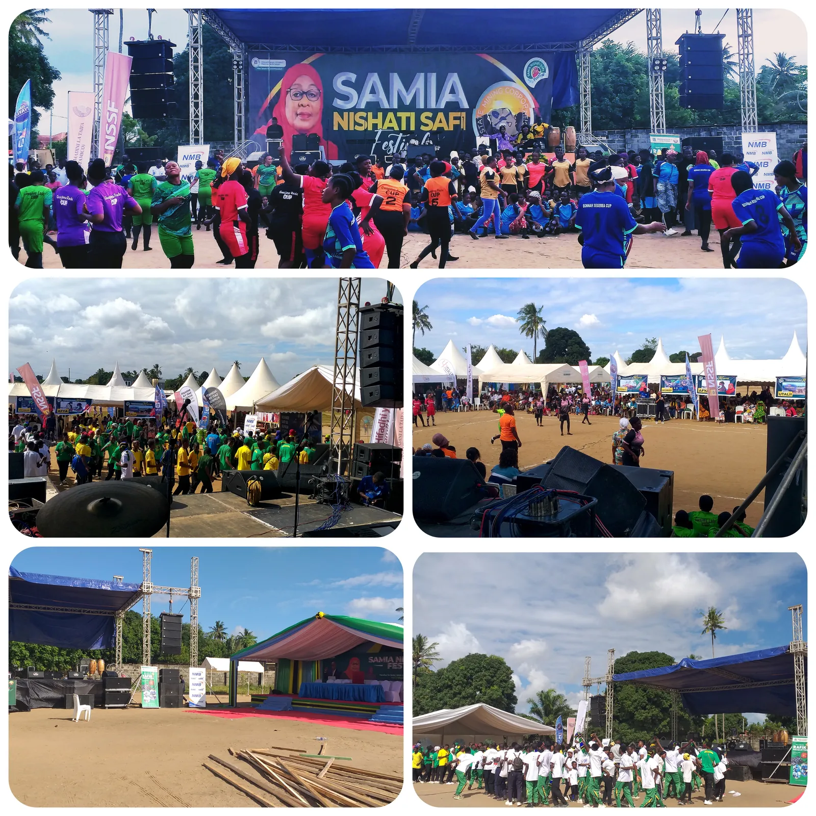 Collage of public event stages, guests and outdoor setups