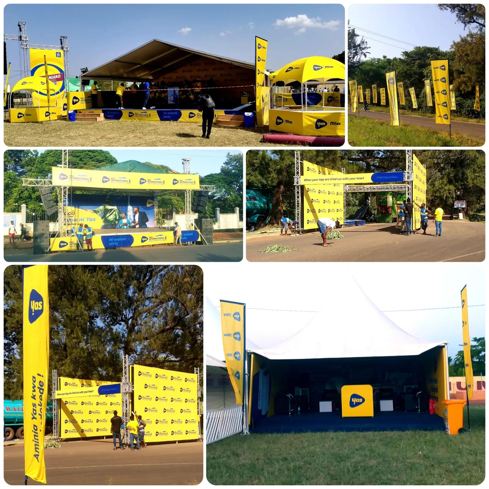 Collage of yellow-branded promotional vehicles, tents and exhibition setups