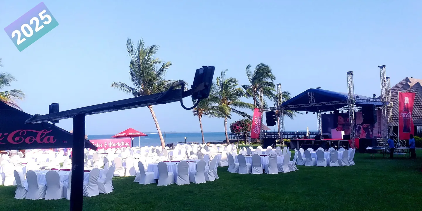 Outdoor branded event stage and guest seating